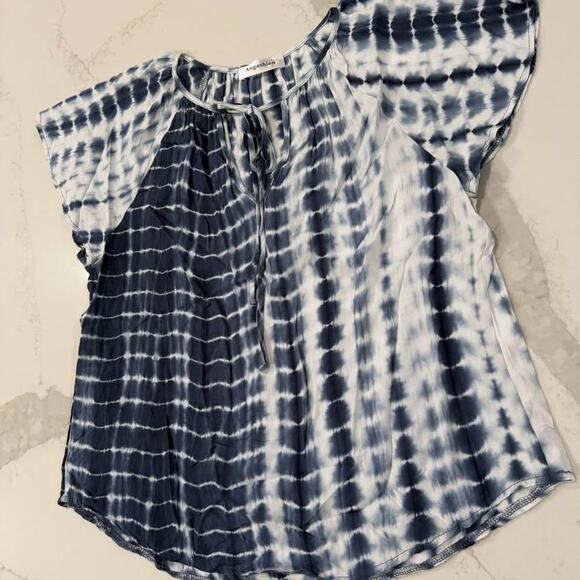 Angashion Tie Front V Neck Blue Tie Dye Short Sleeve Top Women’s Large Summer - Picture 2 of 5